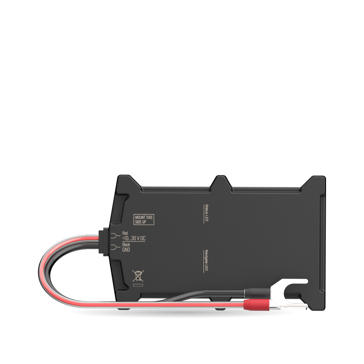 CT-V09 battery-mount tracker — straight-on view of the case with its looped power lead