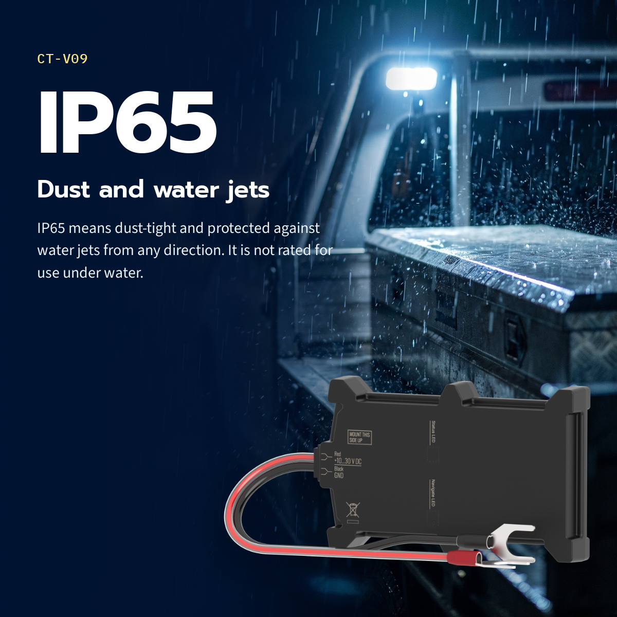 CT-V09 battery-mount tracker — IP65: dust-tight and protected against water jets, not for use under water