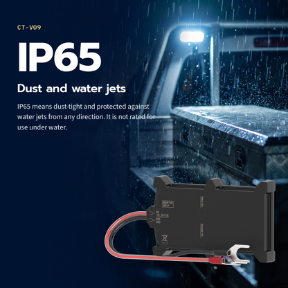 CT-V09 battery-mount tracker — IP65: dust-tight and protected against water jets, not for use under water