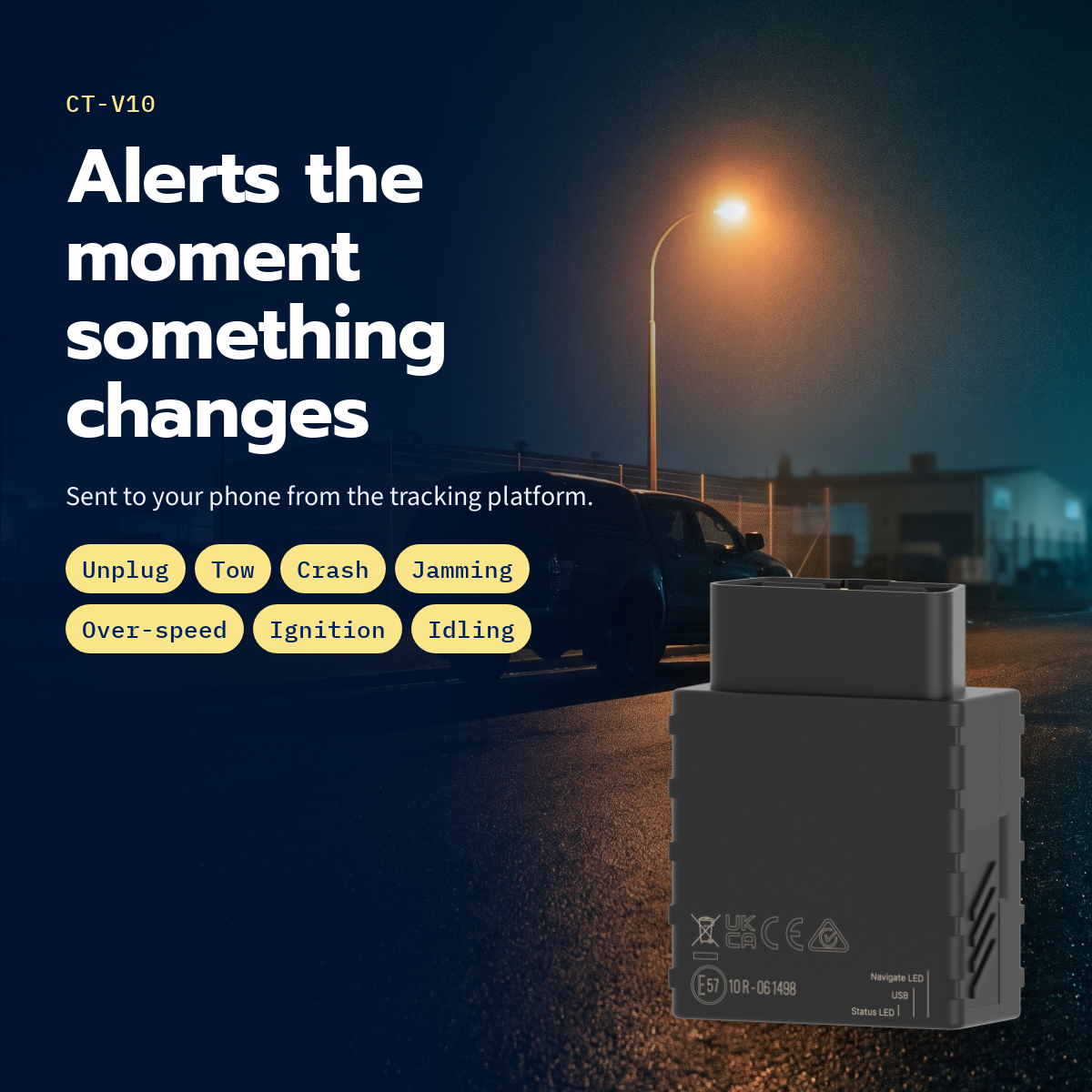 CT-V10 OBD plug-in tracker — unplug, tow, crash, jamming, over-speed, ignition and idling alerts