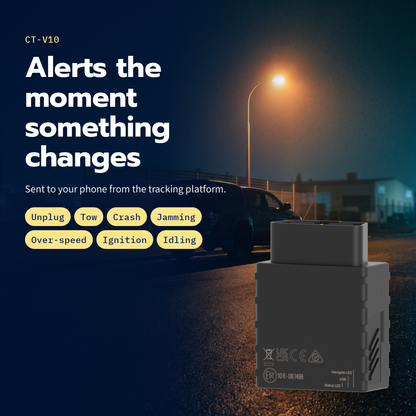 CT-V10 OBD plug-in tracker — unplug, tow, crash, jamming, over-speed, ignition and idling alerts