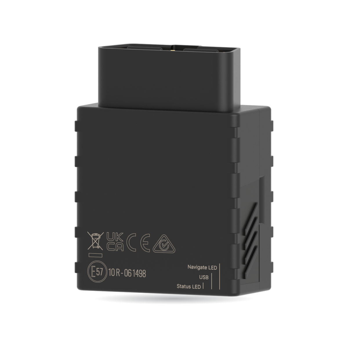 CT-V10 OBD plug-in tracker — angled view of the black case with the OBD-II plug on top