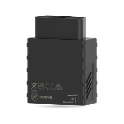CT-V10 OBD plug-in tracker — angled view of the black case with the OBD-II plug on top