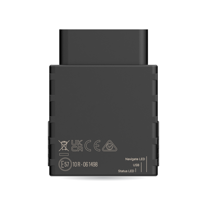 CT-V10 OBD plug-in tracker — straight-on view of the label face with the status LED, USB and navigation LED markings