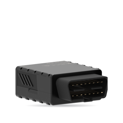 CT-V10 OBD plug-in tracker — angled view into the 16-pin OBD-II plug