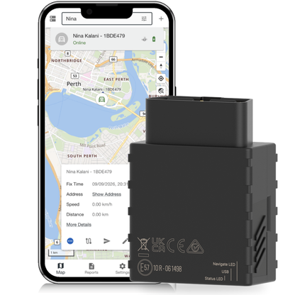 CT-V10 OBD plug-in tracker beside the Open Platform live map on a phone