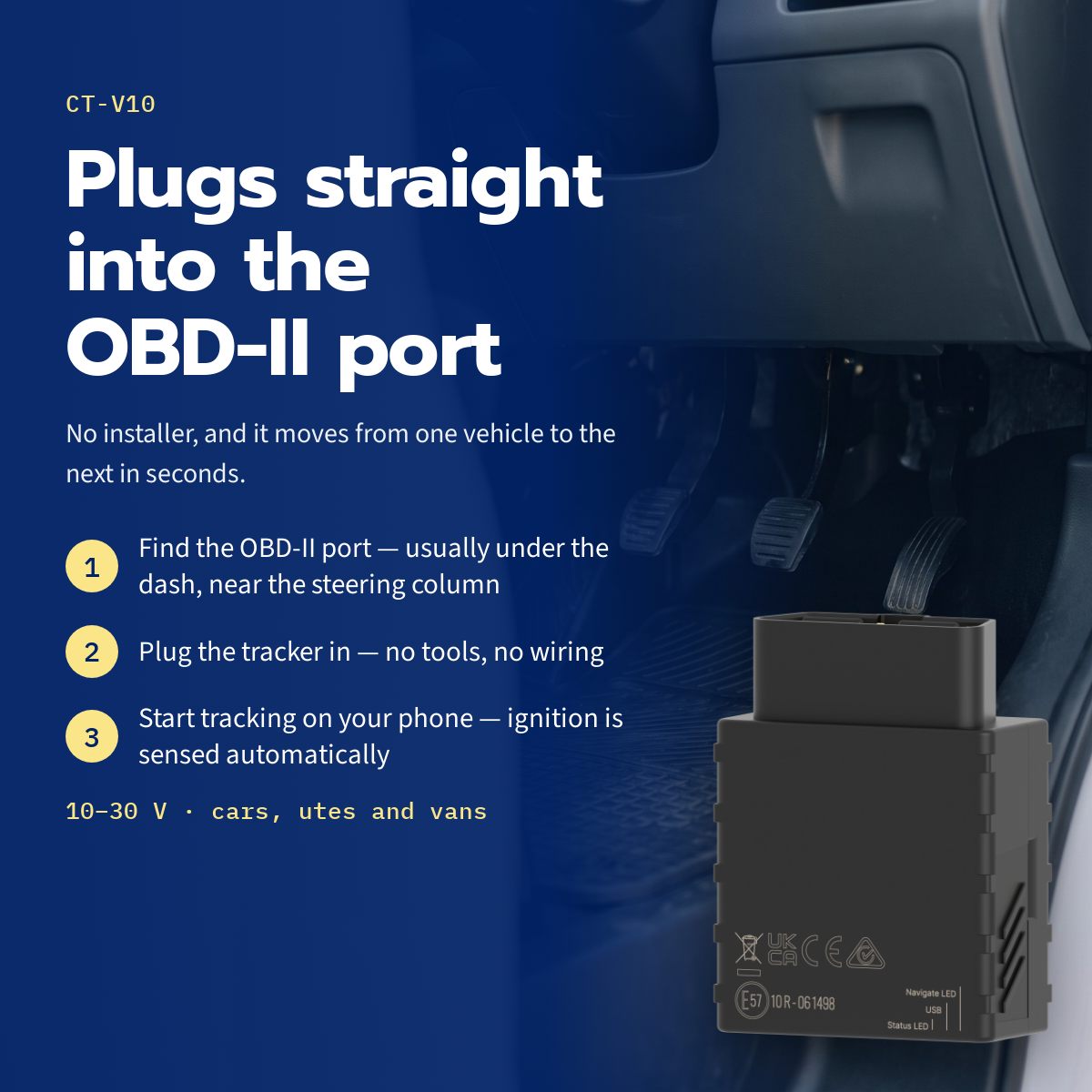 CT-V10 OBD plug-in tracker — three steps: find the OBD-II port, plug it in, start tracking