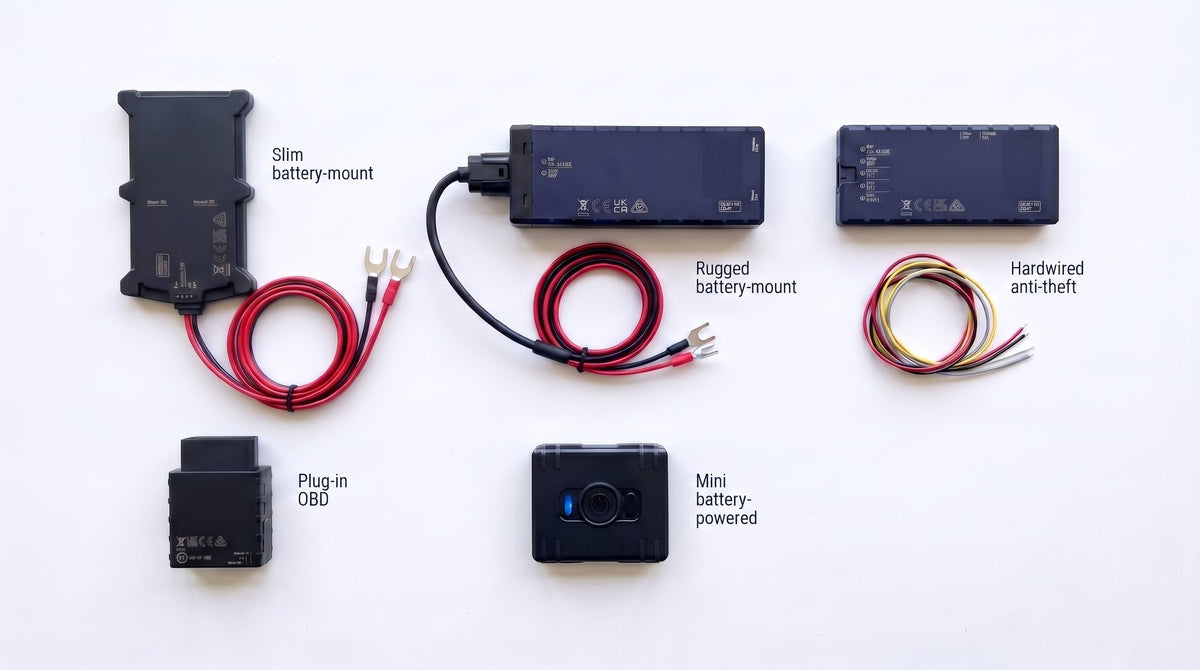 Our five trackers laid out from above on a white bench with their wiring, labelled slim battery-mount, rugged battery-mount, hardwired anti-theft, plug-in OBD and mini battery-powered