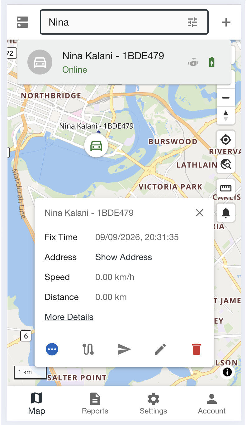 The Crucial Tracking platform on a phone: a vehicle shown live on a street map with its speed, distance and last fix time.