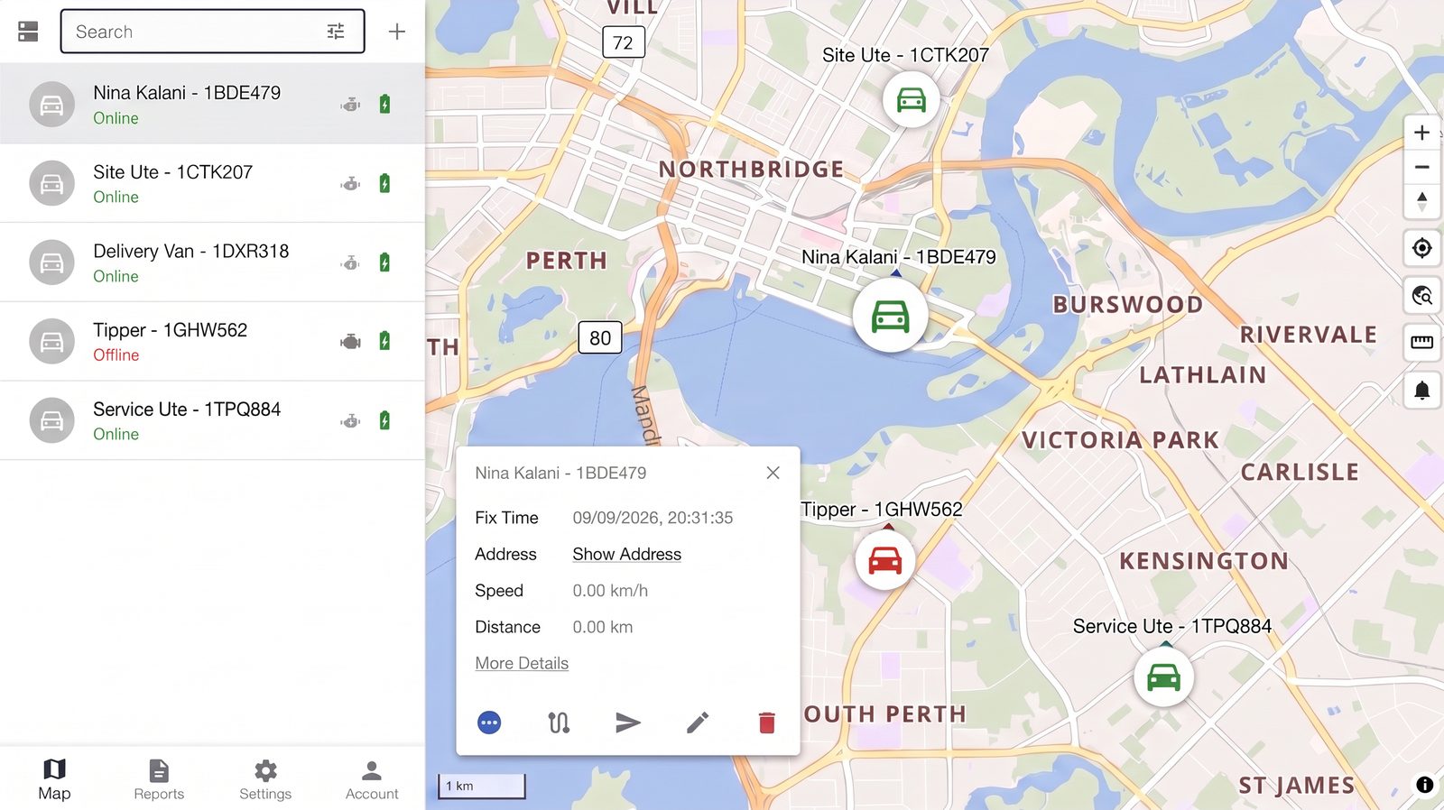 The Crucial Tracking platform in a desktop browser: a list of vehicles beside a live street map, with one vehicle’s last fix time, speed and distance open in a detail card.