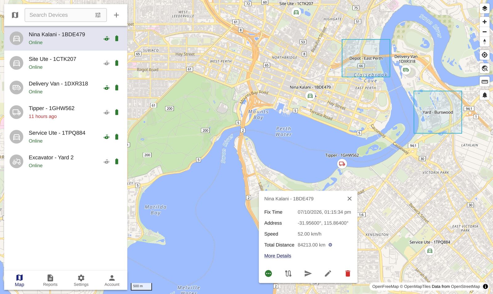 The live map: six vehicles listed beside a map of Perth, one selected with its speed, distance and last fix shown in a card