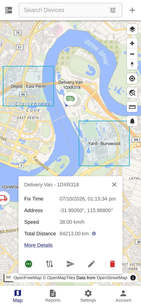 The platform on a phone: a vehicle shown live on a map of Perth with its details open