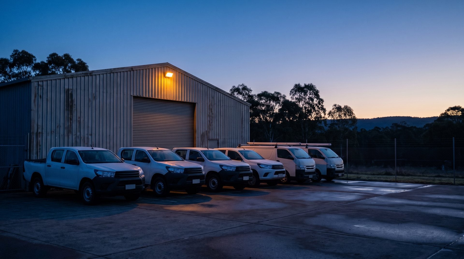 Work utes and vans parked in a row outside a shed at first light