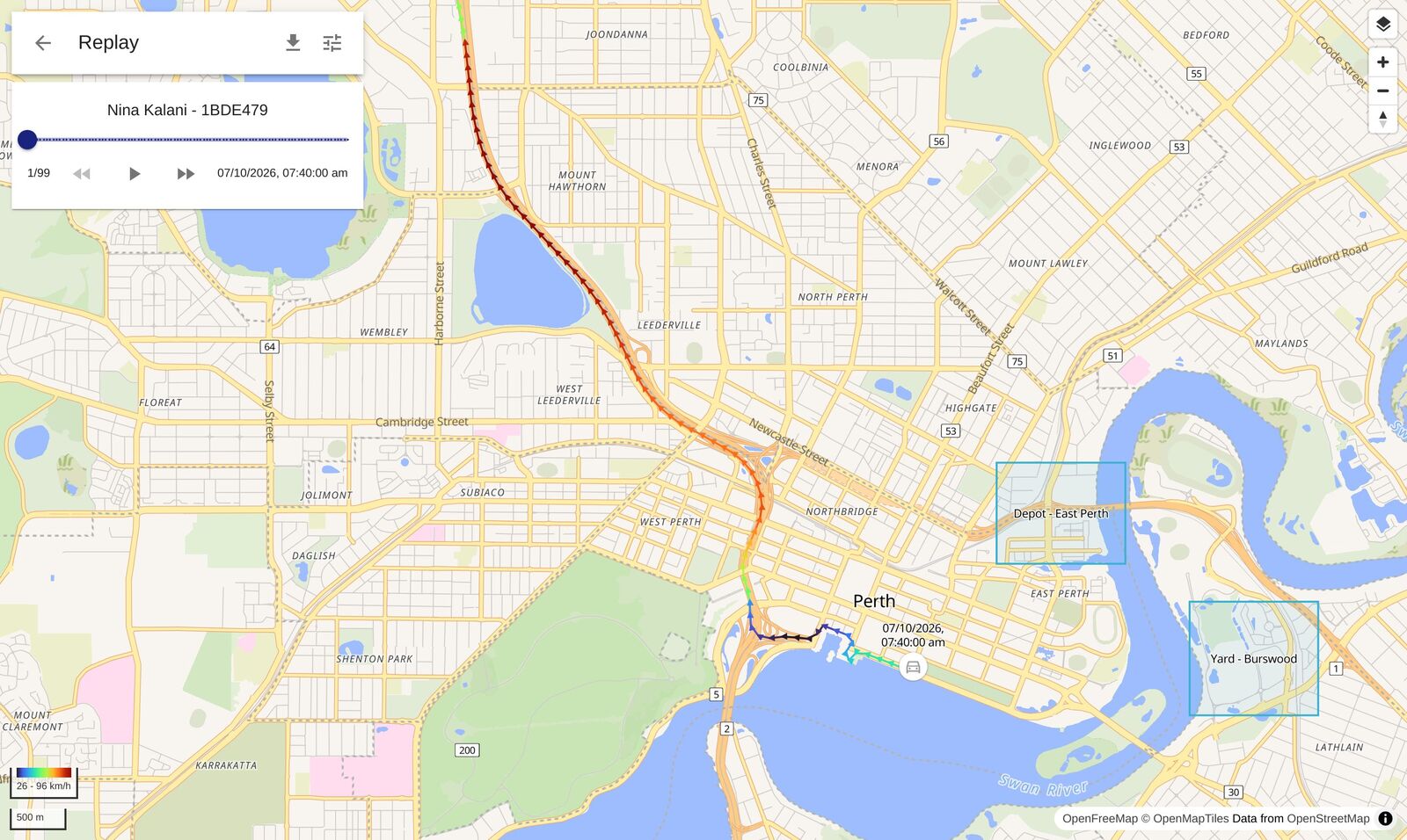 Replay: a morning’s drive from the river, through the city and up the freeway, drawn on the map and coloured by speed, with a play control