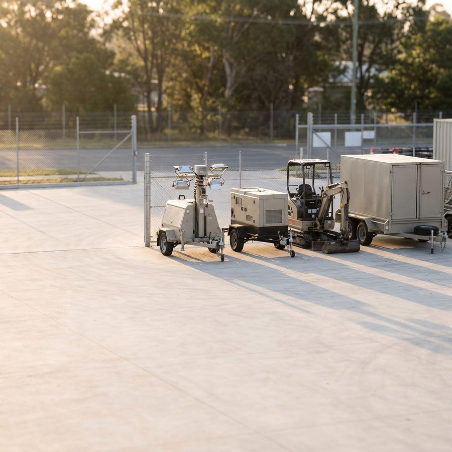 A fenced yard of site gear in low sun: a light tower, a generator, a mini excavator and an enclosed trailer