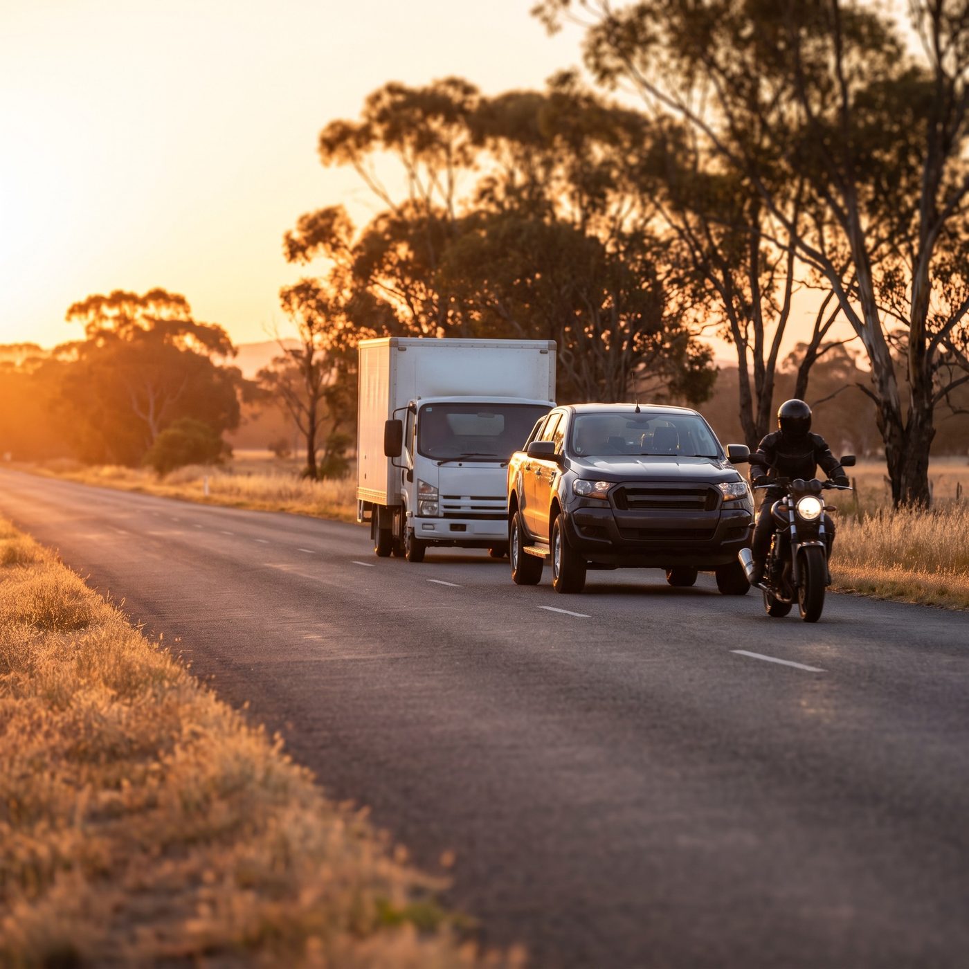 A ute, a truck and a motorcycle on a country road