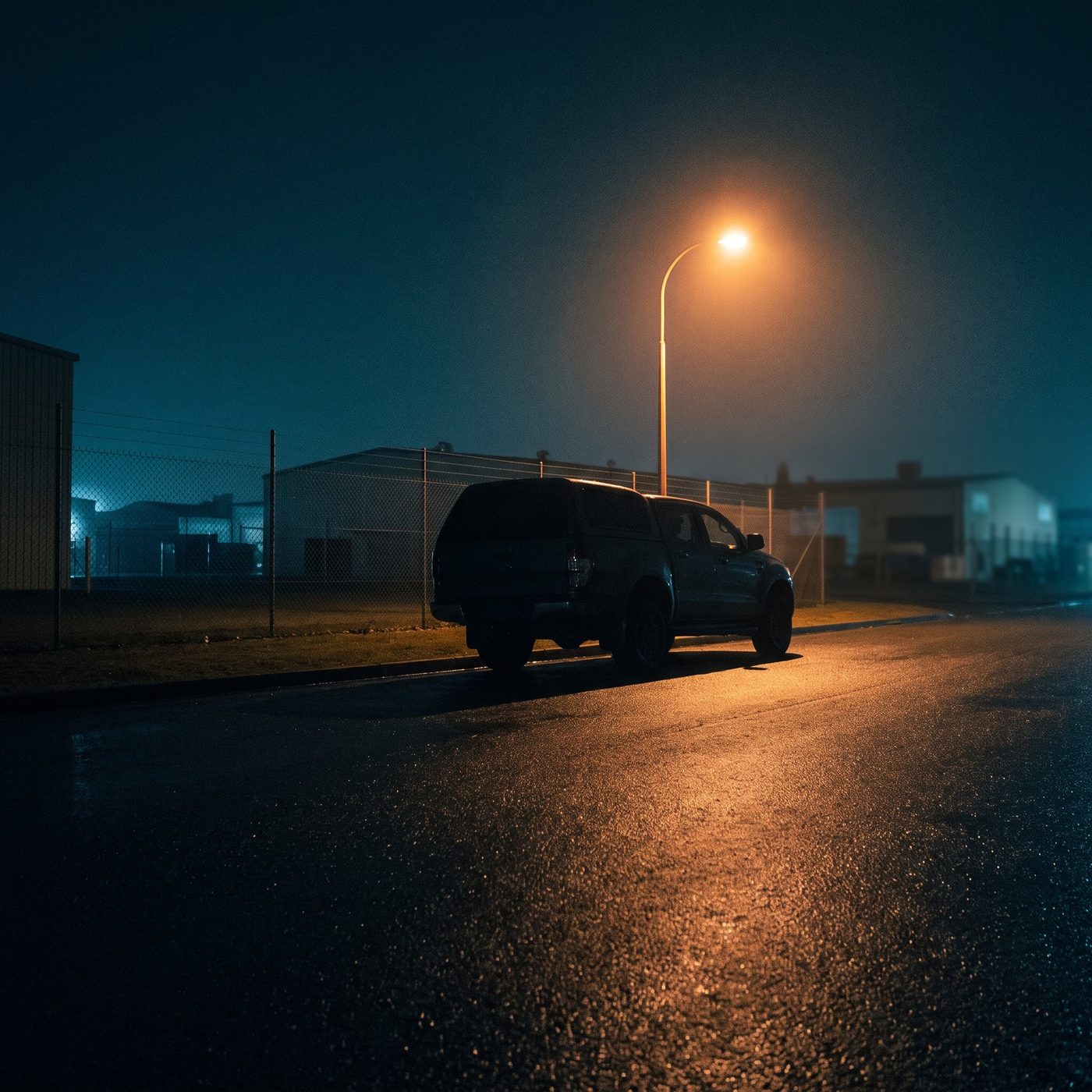 A ute parked on a wet industrial street at night, under a street light