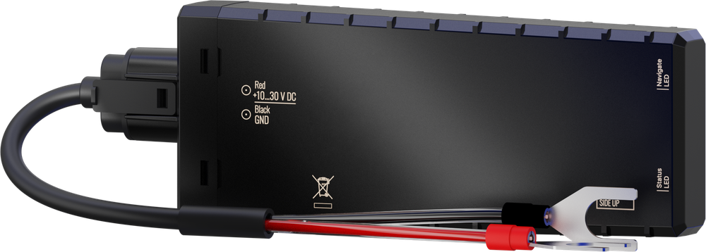 CT-V07 battery-mount tracker — angled view of the sealed case, power lead and fork terminals