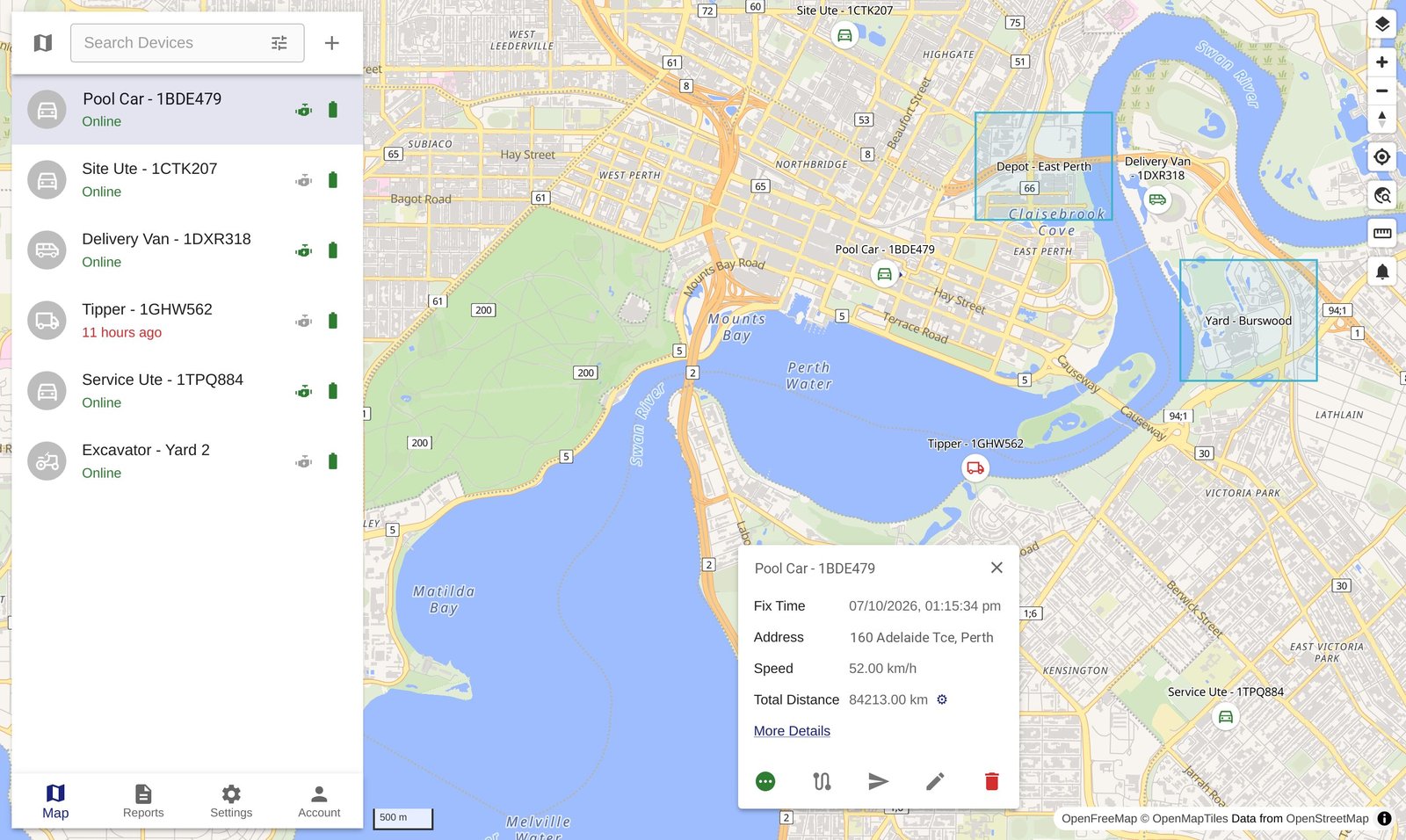 The live map: six vehicles listed in a sidebar, one selected with its speed, distance and last fix shown in a card