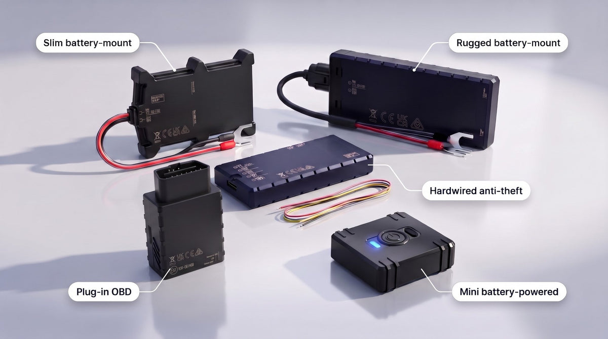 Our five trackers grouped on a light surface, labelled slim battery-mount, rugged battery-mount, hardwired anti-theft, plug-in OBD and mini battery-powered