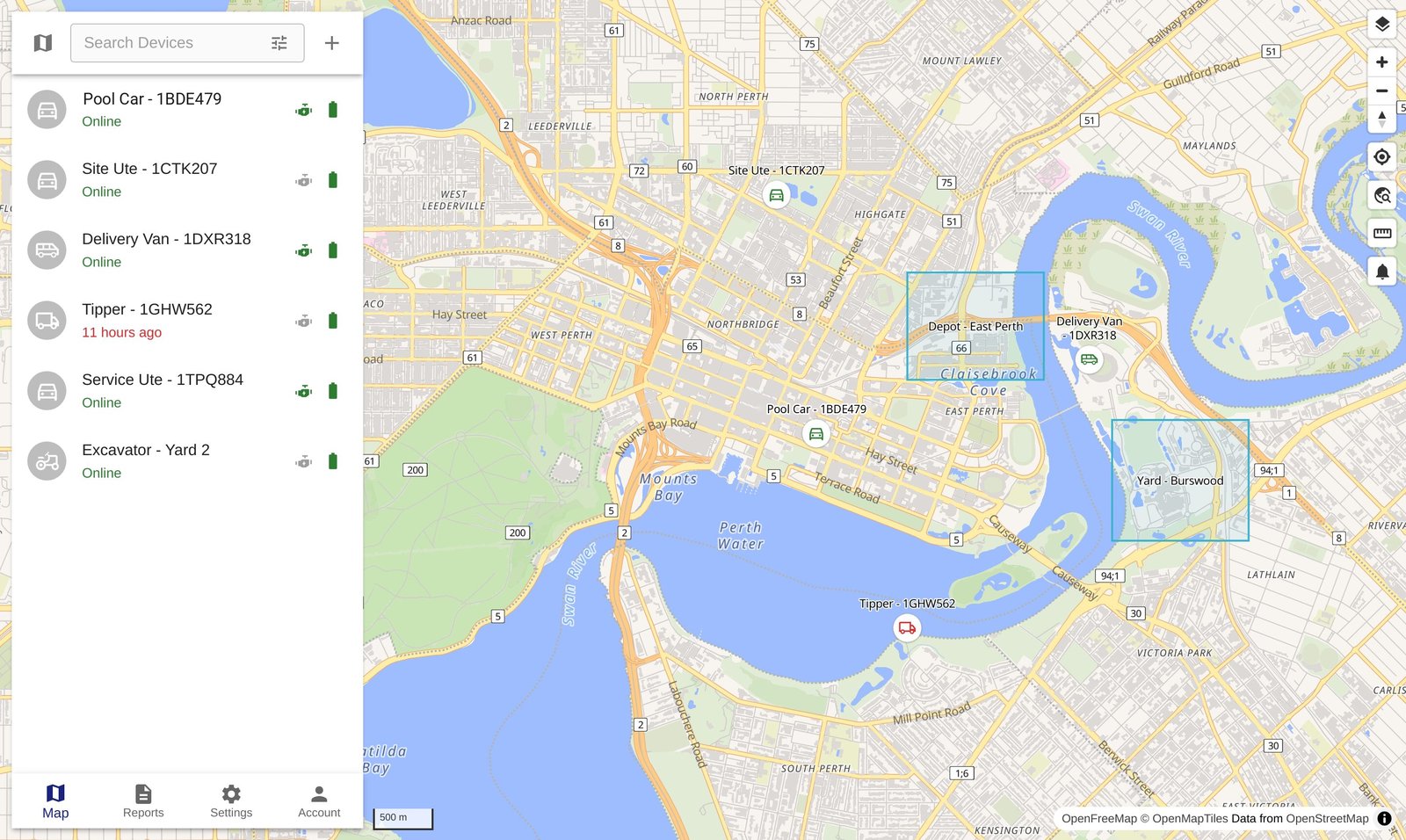 The live map: six vehicles and assets listed in a sidebar beside a map of the city