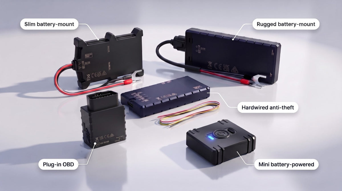 Our five trackers grouped on a light surface, labelled slim battery-mount, rugged battery-mount, hardwired anti-theft, plug-in OBD and mini battery-powered