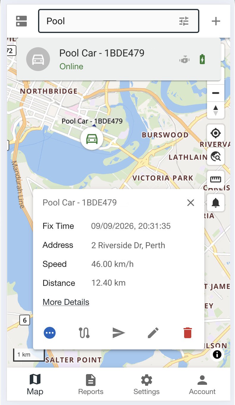The Crucial Tracking platform on a phone: a vehicle shown live on a street map with its speed, distance and last fix time.